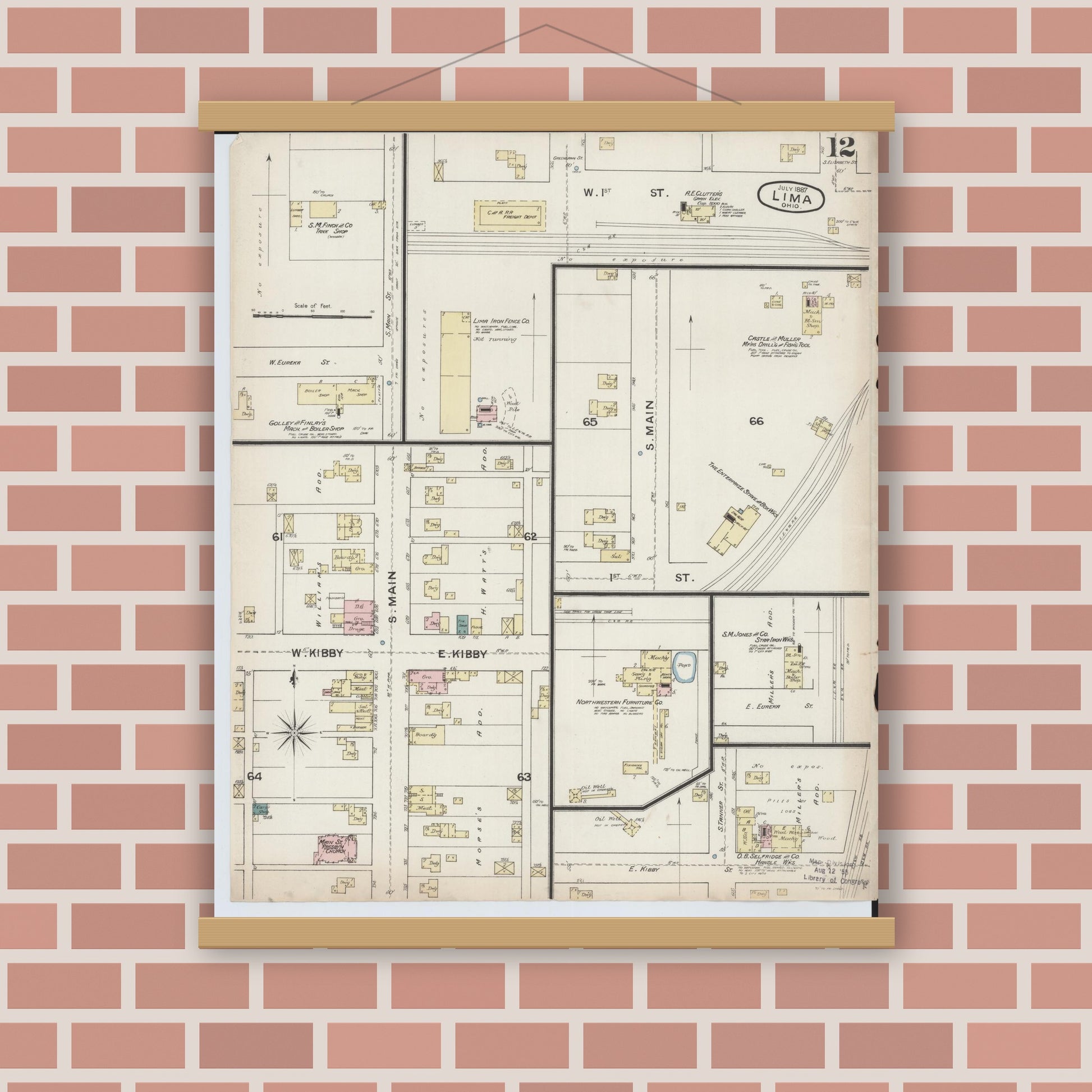 Old map wall art mockup — magnetic wood frame on brick wall — Sanborn Fire Insurance Map from Lima, Allen County, Ohio (1887), Sheet #0012