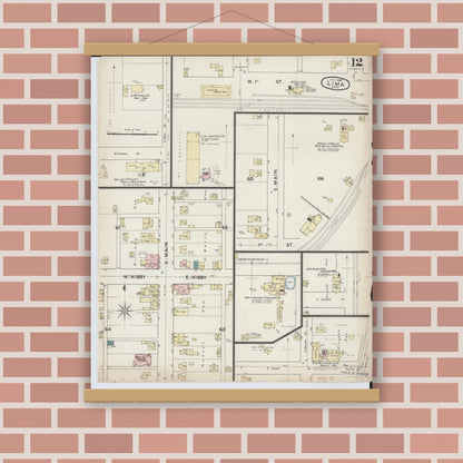 Old map wall art mockup — magnetic wood frame on brick wall — Sanborn Fire Insurance Map from Lima, Allen County, Ohio (1887), Sheet #0012