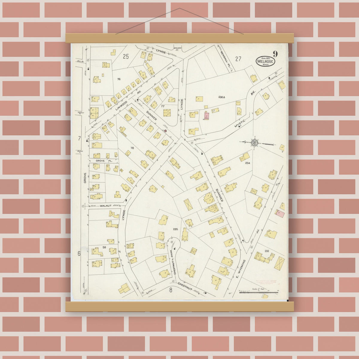 Old map wall art mockup — magnetic wood frame on brick wall — Sanborn Fire Insurance Map from Melrose, Middlesex County, Massachusetts (1915), Sheet #0009