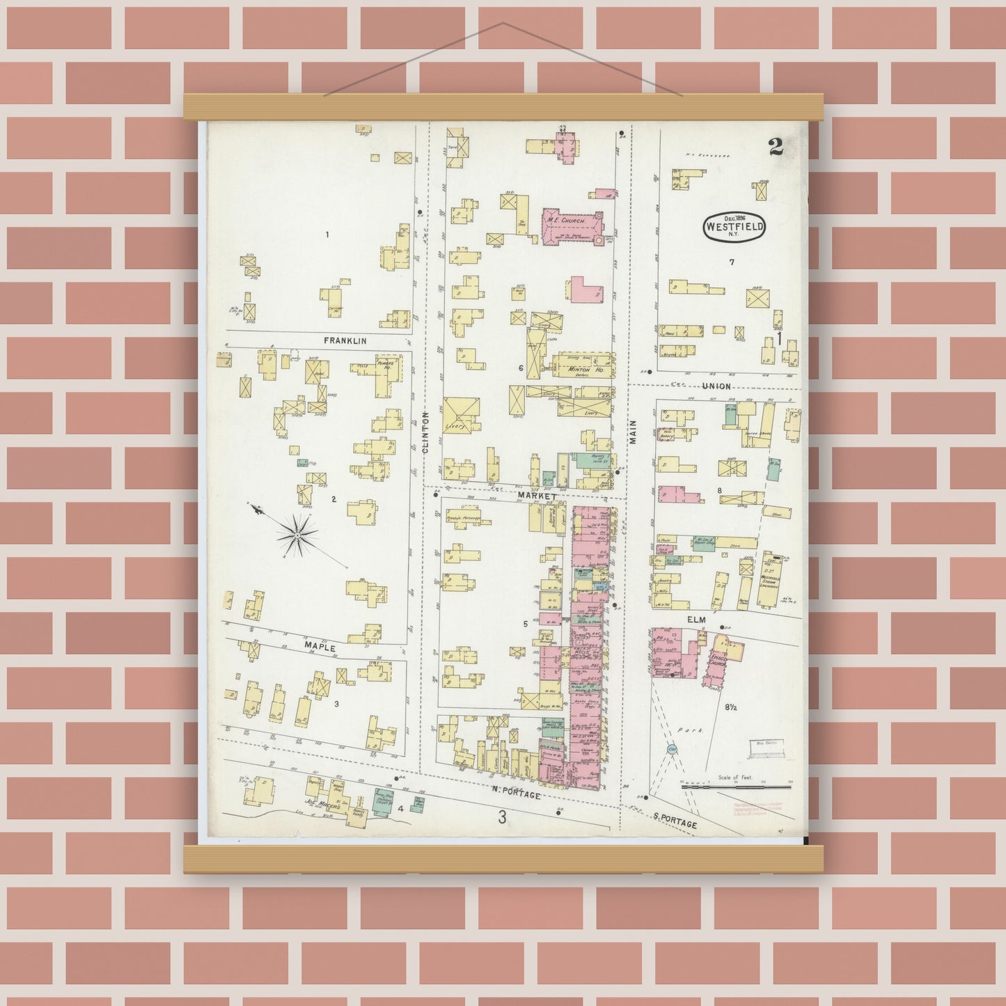 Old map wall art mockup — magnetic wood frame on brick wall — Sanborn Fire Insurance Map from Westfield, Chautauqua County, New York (1896), Sheet #0002