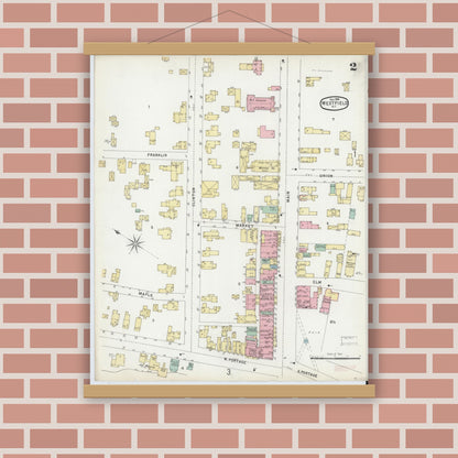 Old map wall art mockup — magnetic wood frame on brick wall — Sanborn Fire Insurance Map from Westfield, Chautauqua County, New York (1896), Sheet #0002