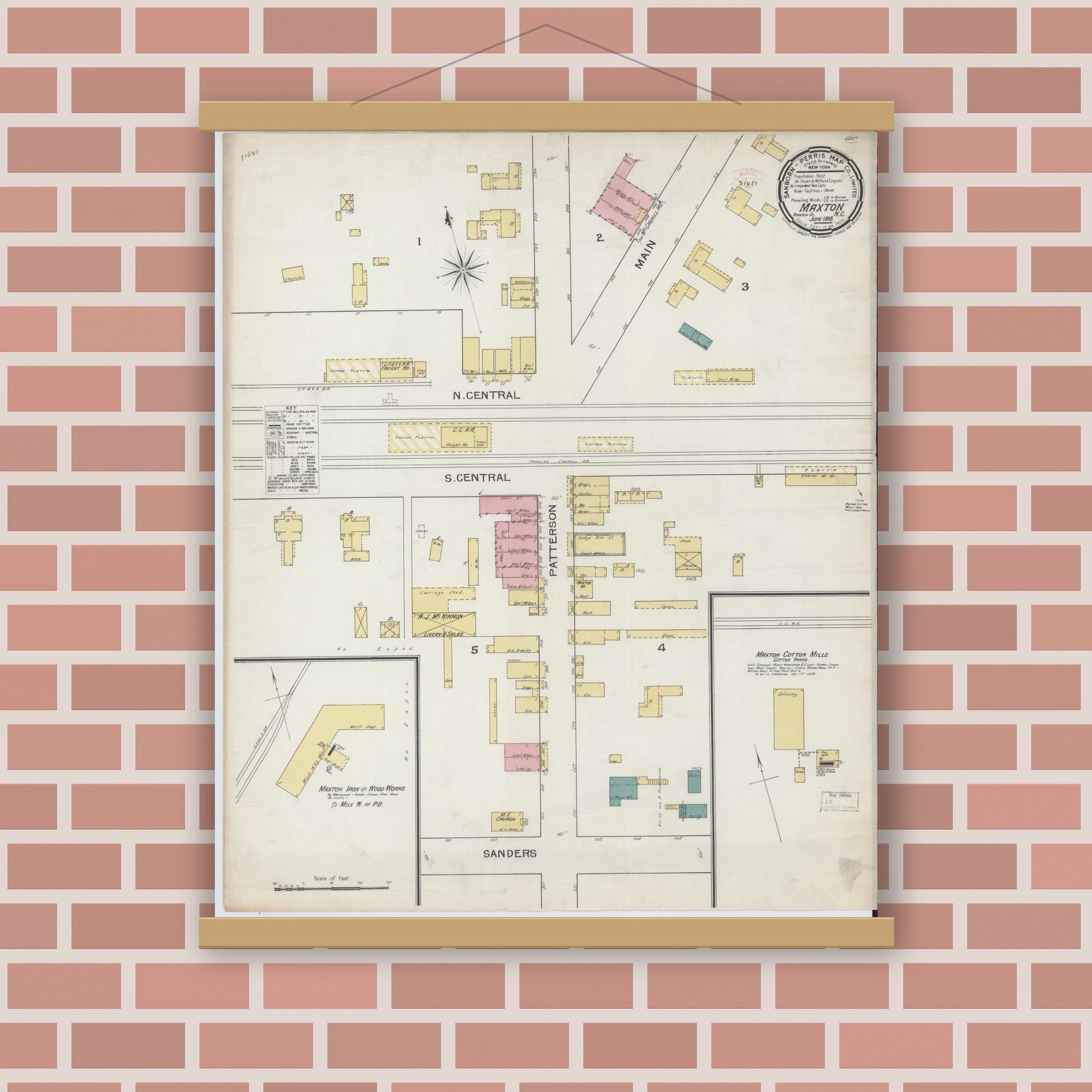 Old map wall art mockup — magnetic wood frame on brick wall — Sanborn Fire Insurance Map from Maxton, Robeson County, North Carolina (1893), Sheet #0001