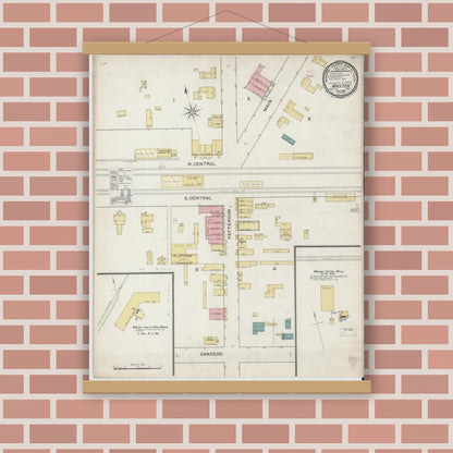 Old map wall art mockup — magnetic wood frame on brick wall — Sanborn Fire Insurance Map from Maxton, Robeson County, North Carolina (1893), Sheet #0001