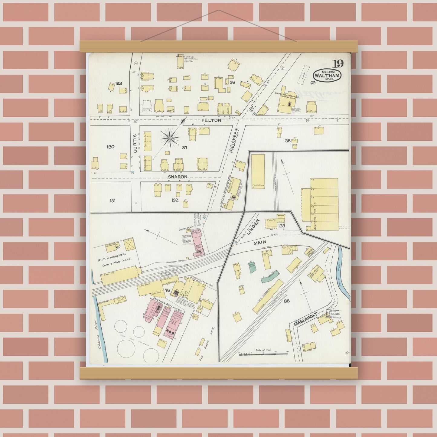 Old map wall art mockup — magnetic wood frame on brick wall — Sanborn Fire Insurance Map from Waltham, Middlesex County, Massachusetts (1892), Sheet #0019