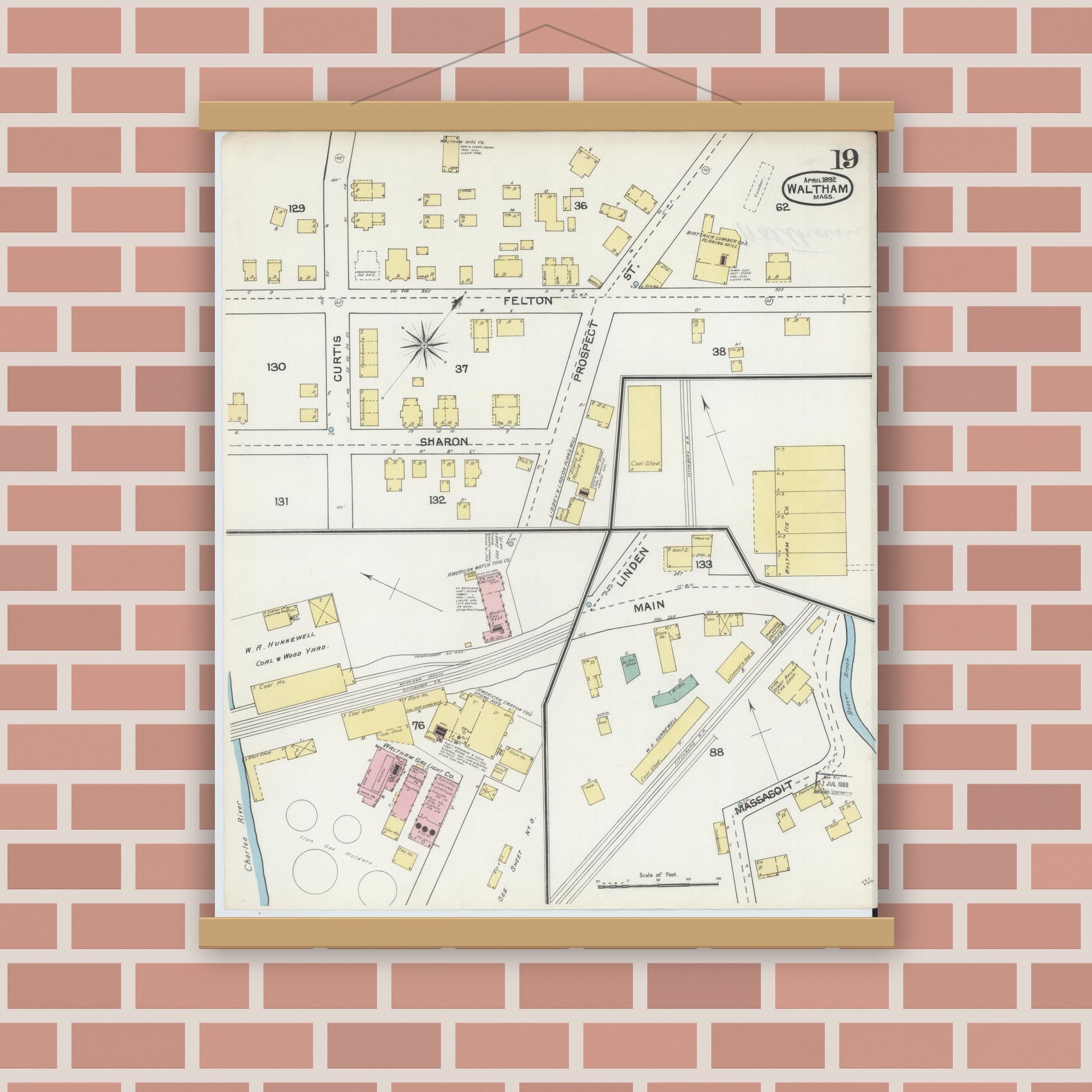 Old map wall art mockup — magnetic wood frame on brick wall — Sanborn Fire Insurance Map from Waltham, Middlesex County, Massachusetts (1892), Sheet #0019