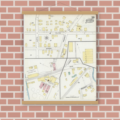 Old map wall art mockup — magnetic wood frame on brick wall — Sanborn Fire Insurance Map from Waltham, Middlesex County, Massachusetts (1892), Sheet #0019