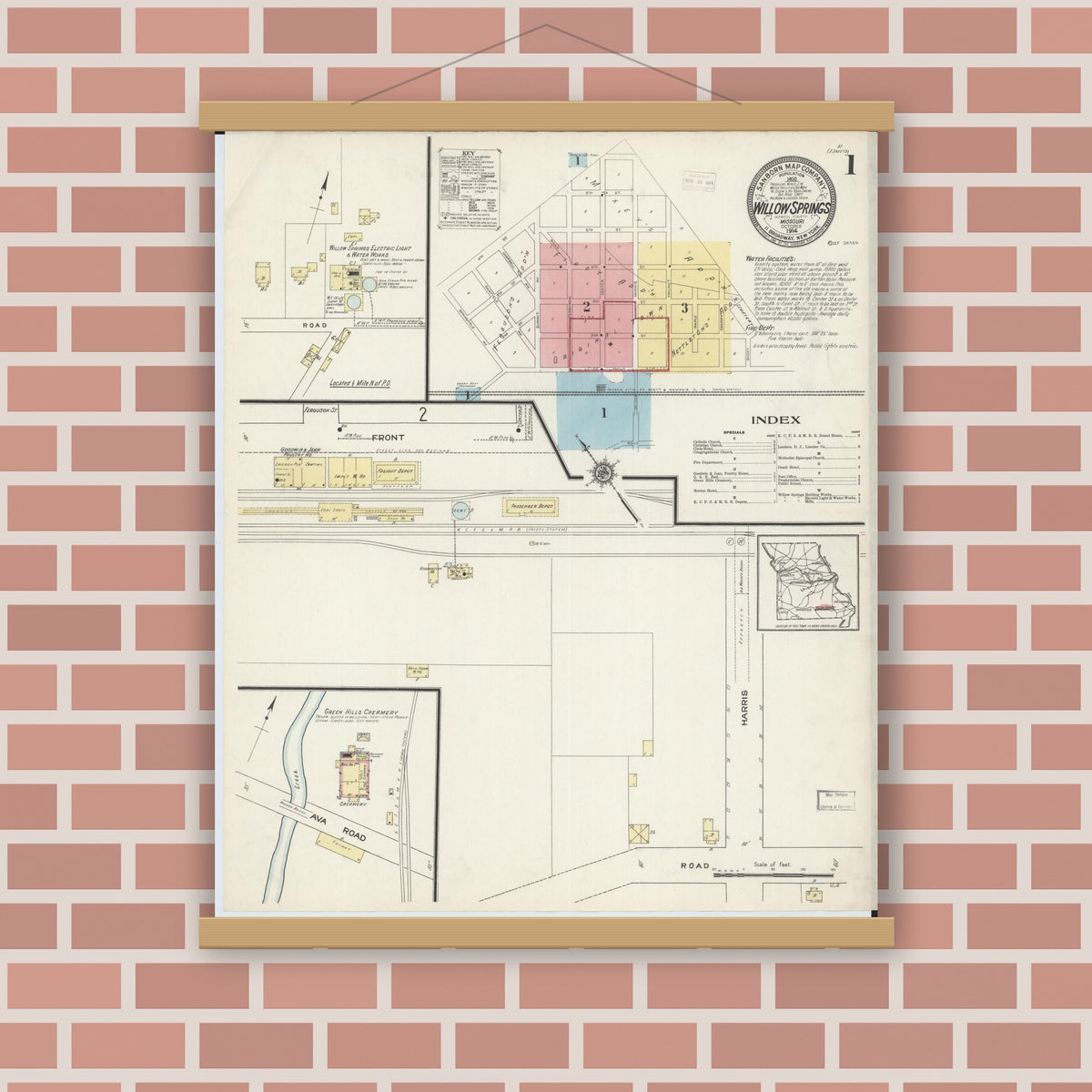Old map wall art mockup — magnetic wood frame on brick wall — Sanborn Fire Insurance Map from Willow Springs, Howell County, Missouri (1914) - Complete Map Set