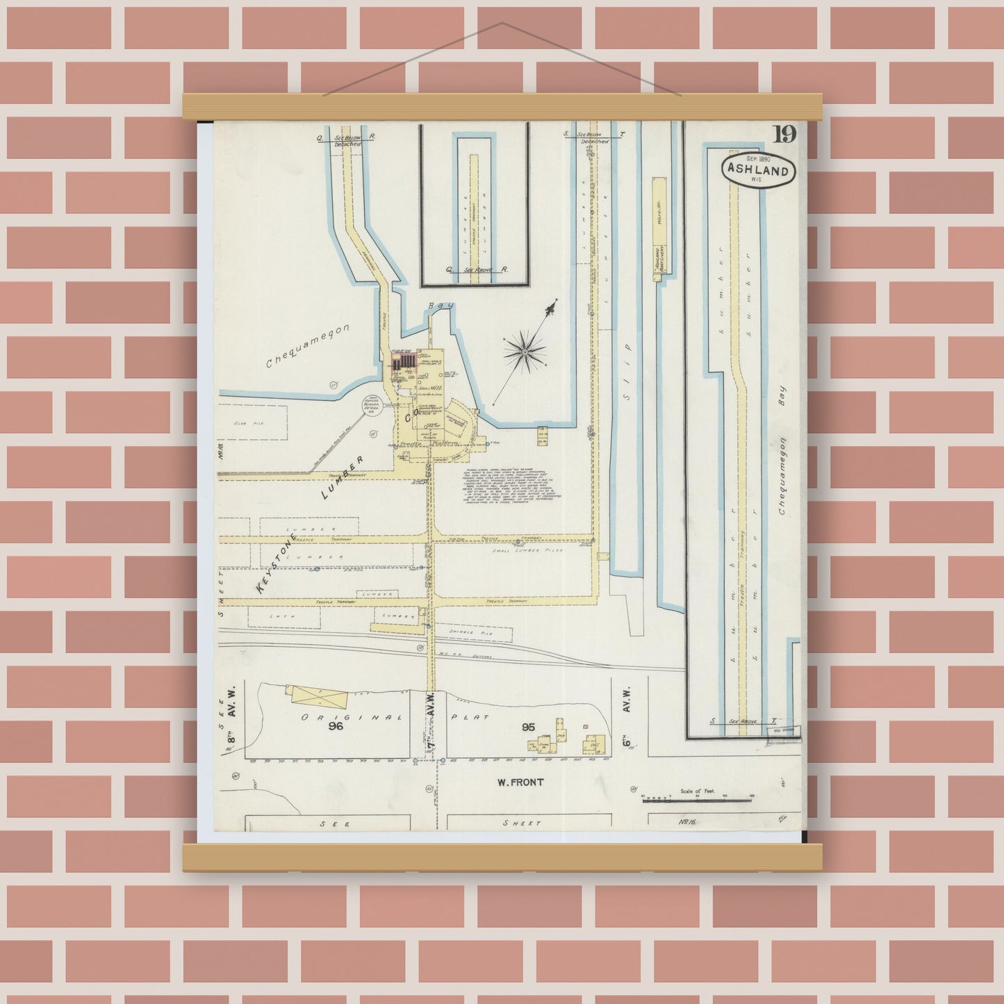 Old map wall art mockup — magnetic wood frame on brick wall — Sanborn Fire Insurance Map from Ashland, Ashland County, Wisconsin (1890), Sheet #0019
