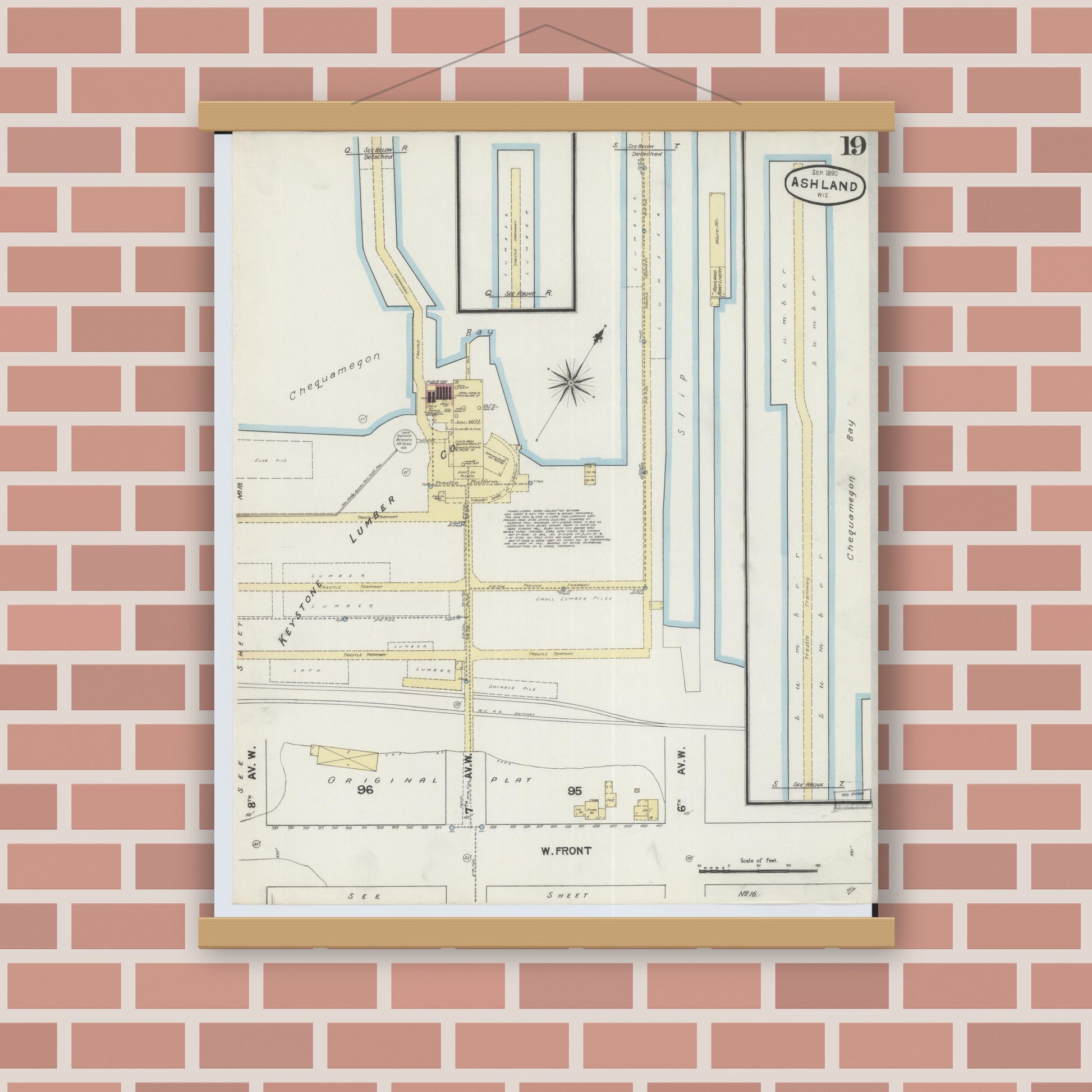 Old map wall art mockup — magnetic wood frame on brick wall — Sanborn Fire Insurance Map from Ashland, Ashland County, Wisconsin (1890), Sheet #0019