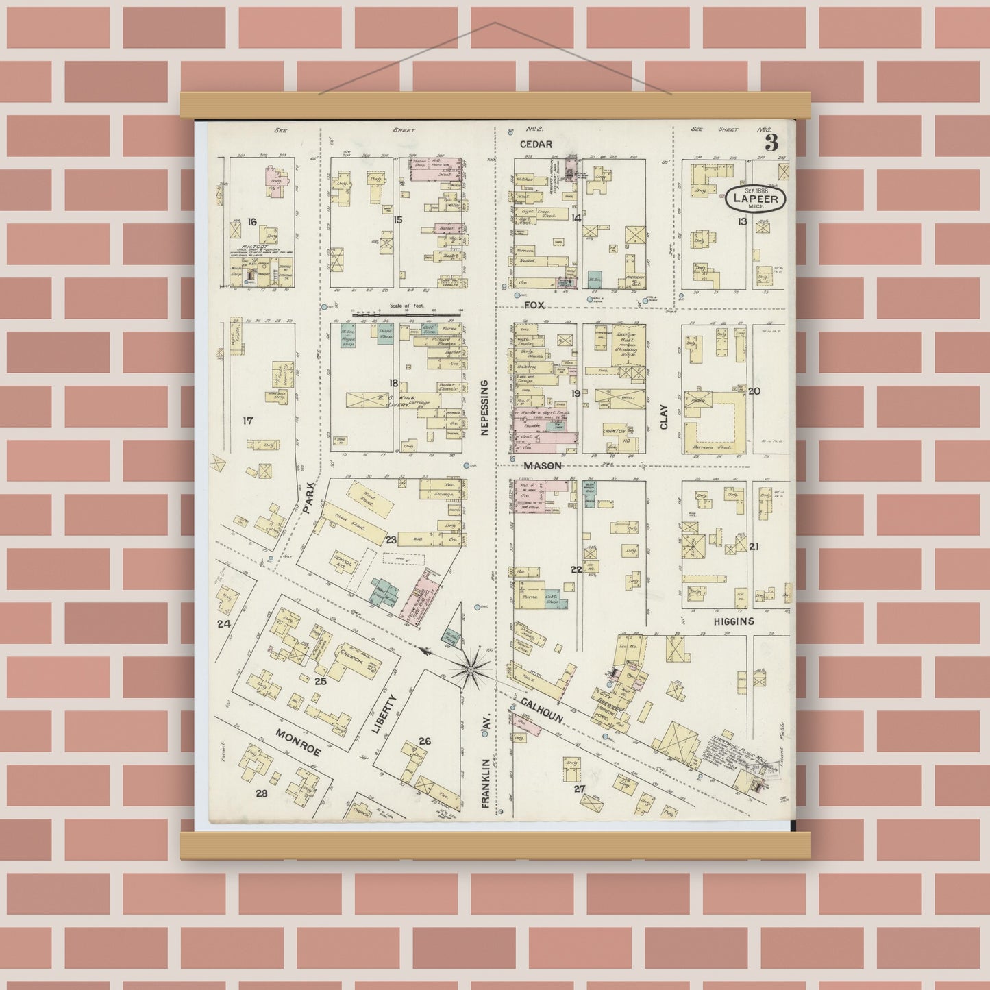 Old map wall art mockup — magnetic wood frame on brick wall — Sanborn Fire Insurance Map from Lapeer, Lapeer County, Michigan (1888), Sheet #0003