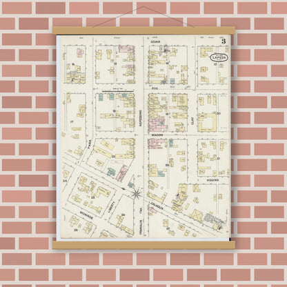 Old map wall art mockup — magnetic wood frame on brick wall — Sanborn Fire Insurance Map from Lapeer, Lapeer County, Michigan (1888), Sheet #0003