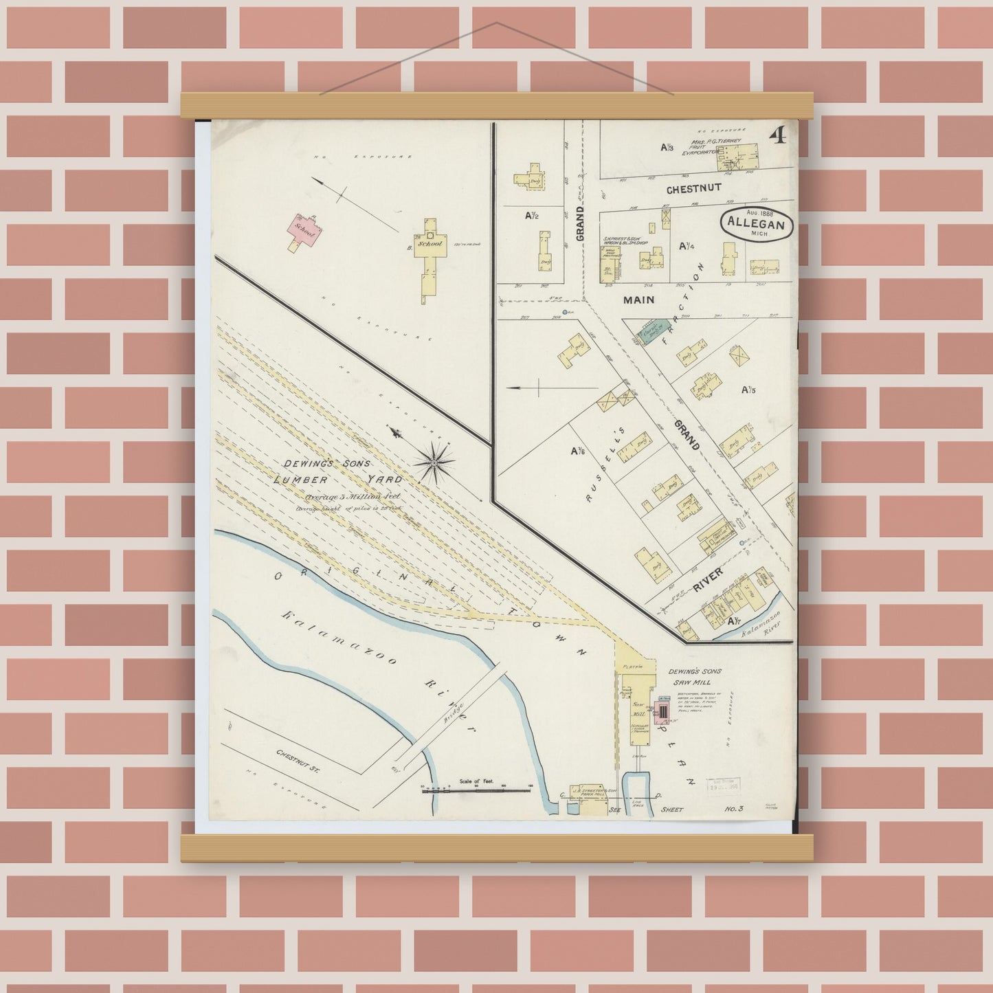 Old map wall art mockup — magnetic wood frame on brick wall — Sanborn Fire Insurance Map from Allegan, Allegan County, Michigan (1888), Sheet #0004