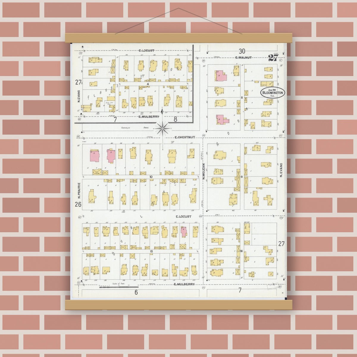 Old map wall art mockup — magnetic wood frame on brick wall — Sanborn Fire Insurance Map from Bloomington, McLean County, Illinois (1901), Sheet #0027