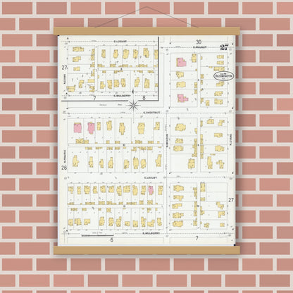 Old map wall art mockup — magnetic wood frame on brick wall — Sanborn Fire Insurance Map from Bloomington, McLean County, Illinois (1901), Sheet #0027