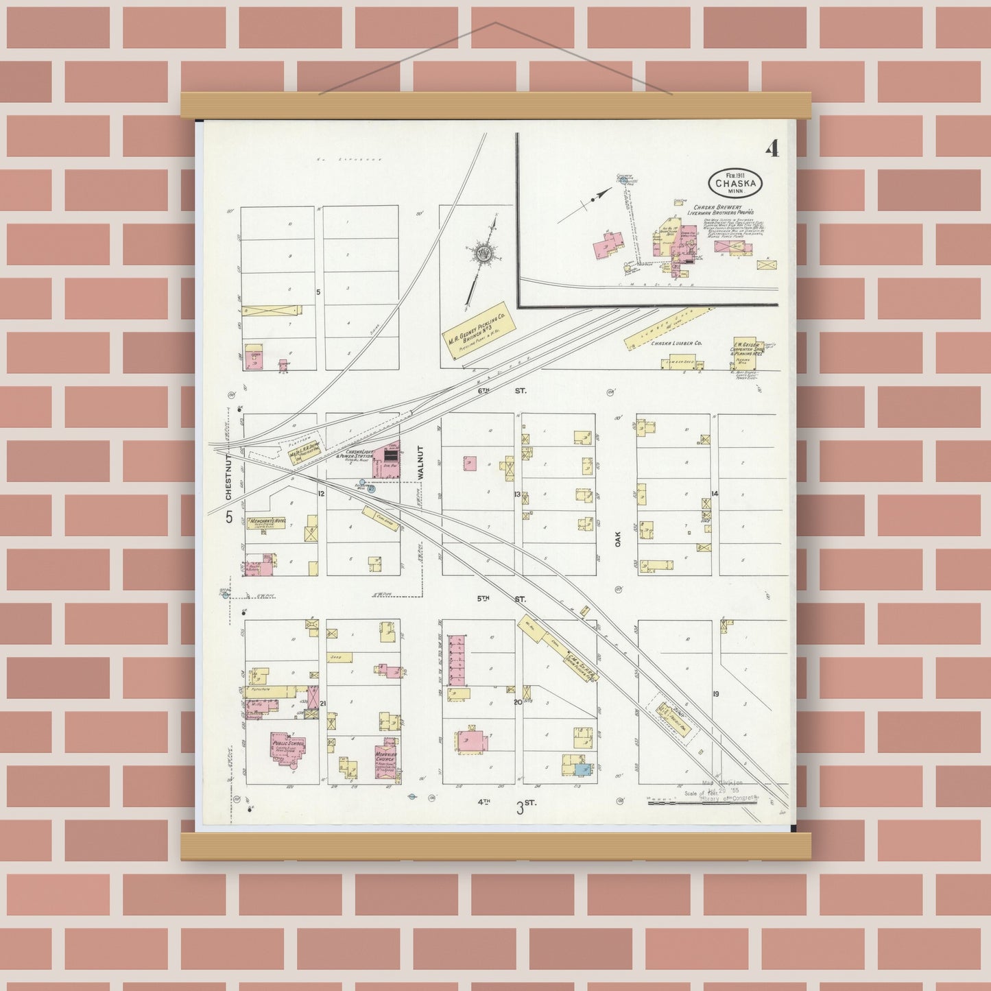 Old map wall art mockup — magnetic wood frame on brick wall — Sanborn Fire Insurance Map from Chaska, Carver County, Minnesota (1911), Sheet #0004