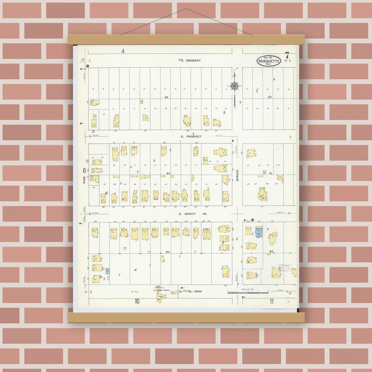 Old map wall art mockup — magnetic wood frame on brick wall — Sanborn Fire Insurance Map from Marquette, Marquette County, Michigan (1911), Sheet #0007