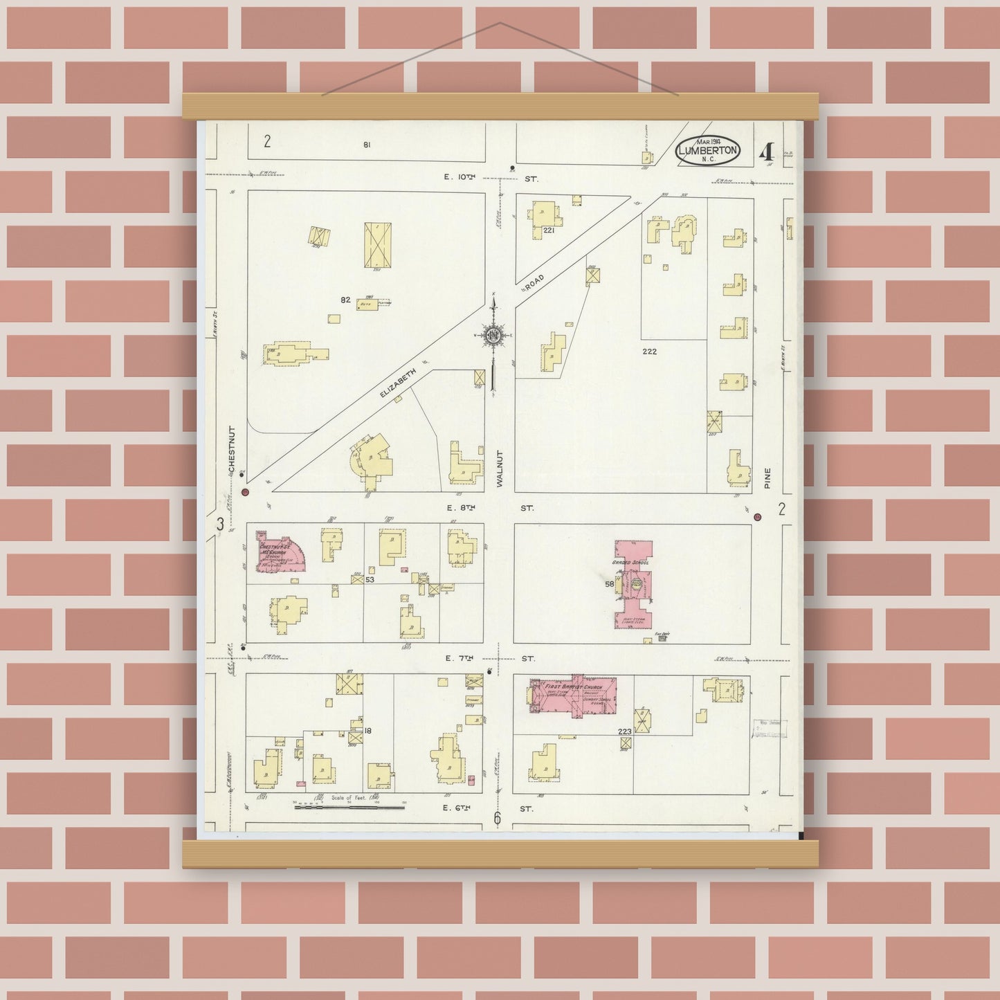 Old map wall art mockup — magnetic wood frame on brick wall — Sanborn Fire Insurance Map from Lumberton, Robeson County, North Carolina (1914), Sheet #0004