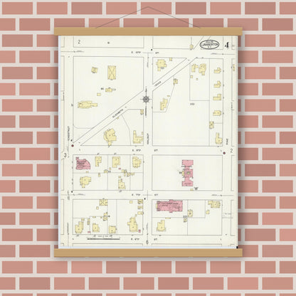 Old map wall art mockup — magnetic wood frame on brick wall — Sanborn Fire Insurance Map from Lumberton, Robeson County, North Carolina (1914), Sheet #0004