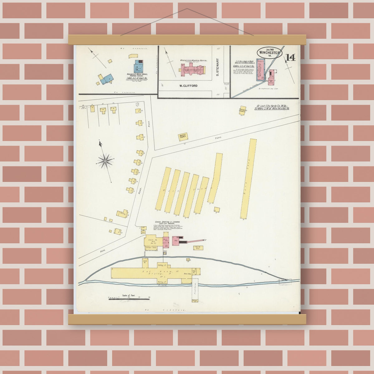 Old map wall art mockup — magnetic wood frame on brick wall — Sanborn Fire Insurance Map from Winchester, Independent Cities, Virginia (1903), Sheet #0014