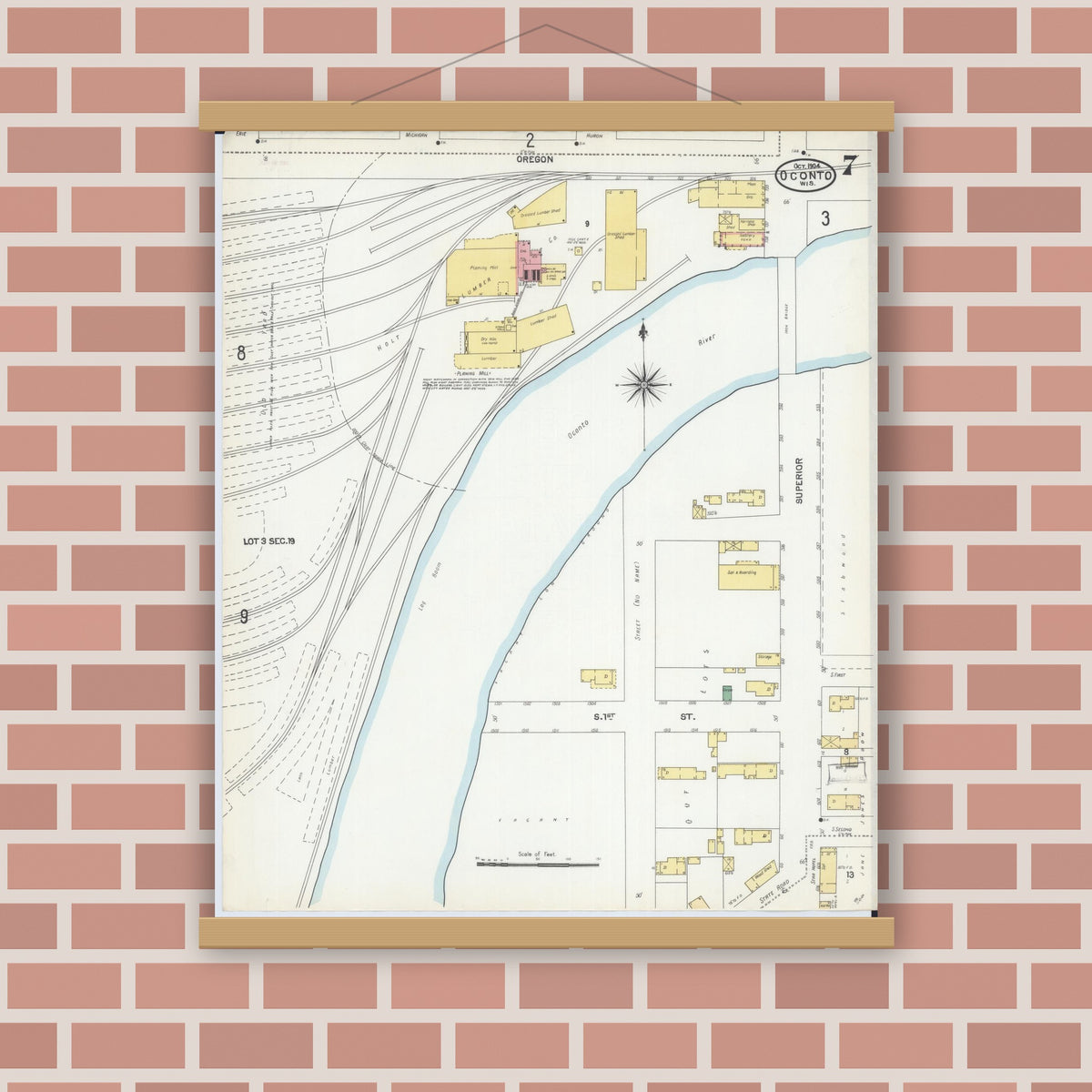 Old map wall art mockup — magnetic wood frame on brick wall — Sanborn Fire Insurance Map from Oconto, Oconto County, Wisconsin (1904), Sheet #0007