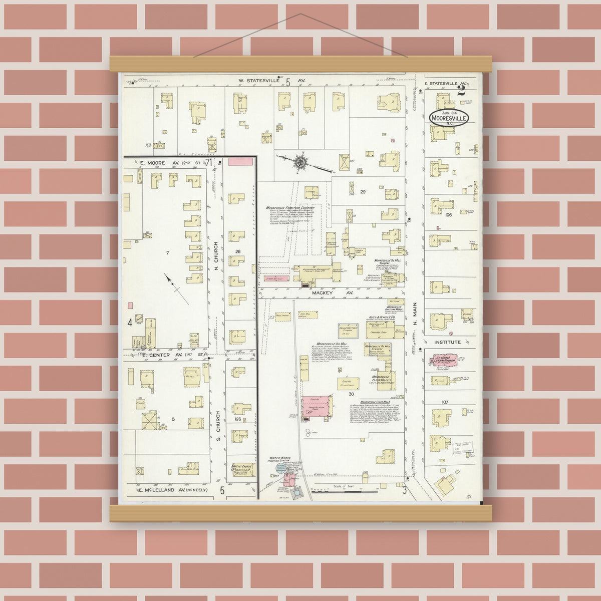 Old map wall art mockup — magnetic wood frame on brick wall — Sanborn Fire Insurance Map from Mooresville, Iredell County, North Carolina (1914), Sheet #0002