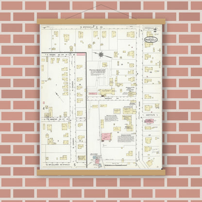 Old map wall art mockup — magnetic wood frame on brick wall — Sanborn Fire Insurance Map from Mooresville, Iredell County, North Carolina (1914), Sheet #0002