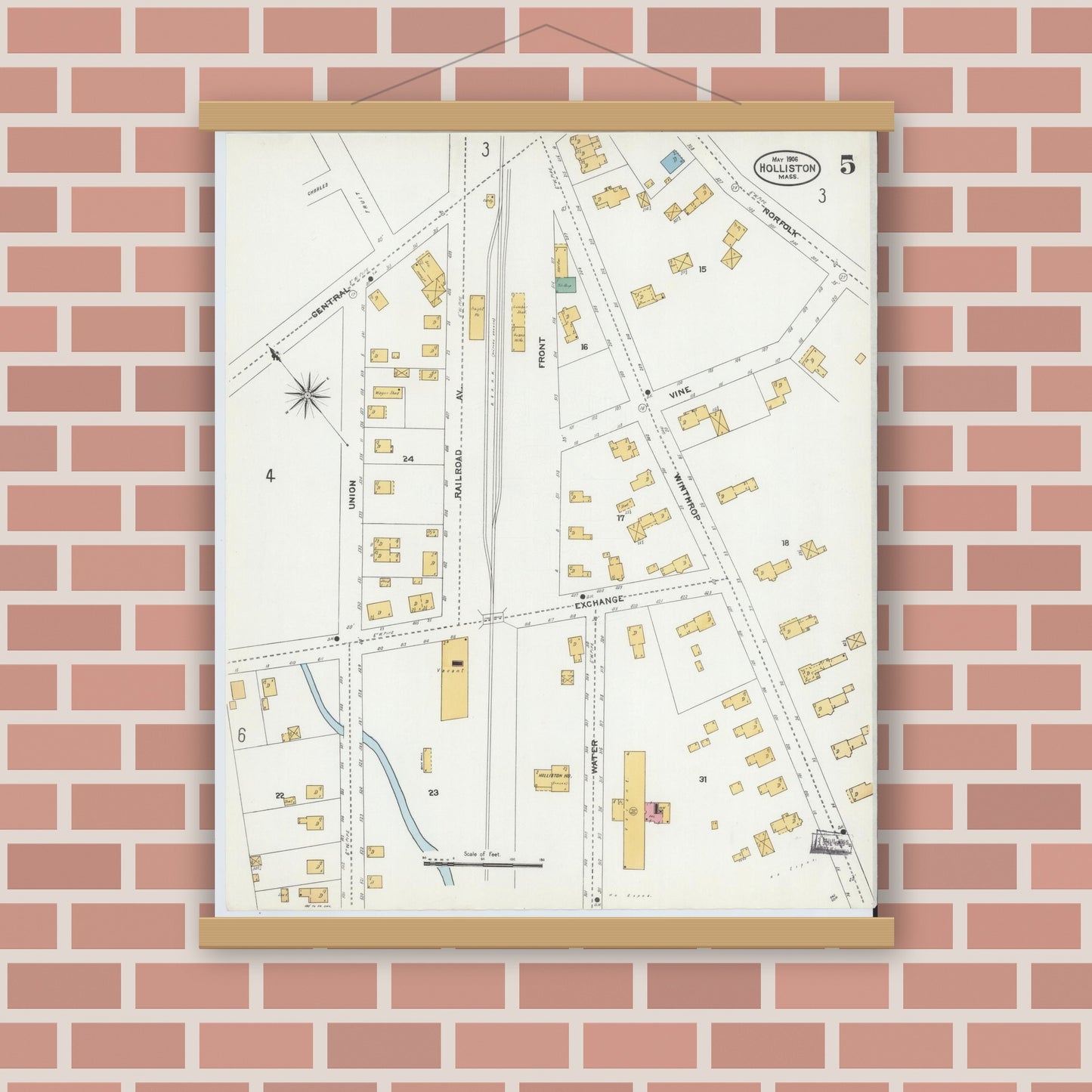 Old map wall art mockup — magnetic wood frame on brick wall — Sanborn Fire Insurance Map from Holliston, Middlesex County, Massachusetts (1906), Sheet #0005