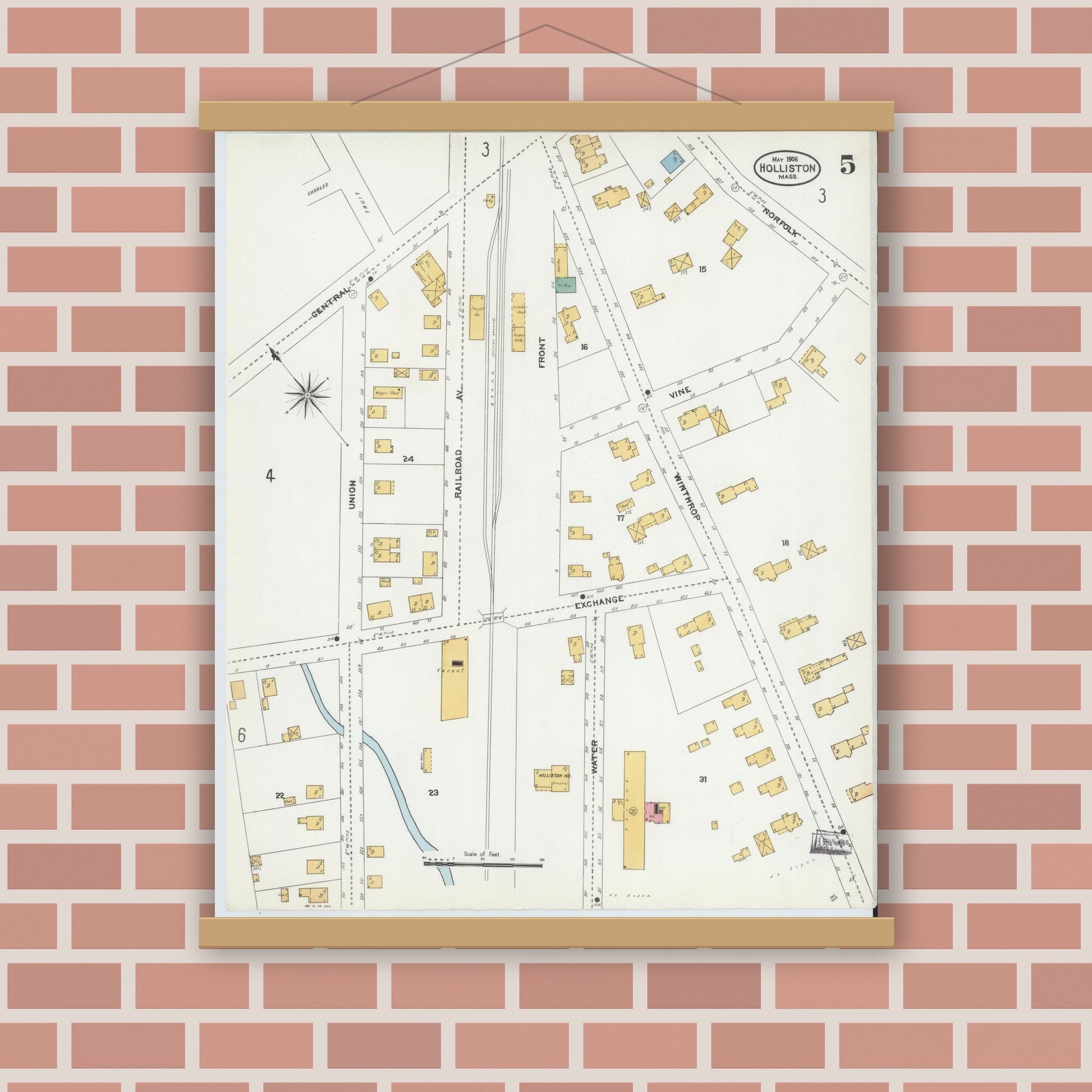 Old map wall art mockup — magnetic wood frame on brick wall — Sanborn Fire Insurance Map from Holliston, Middlesex County, Massachusetts (1906), Sheet #0005