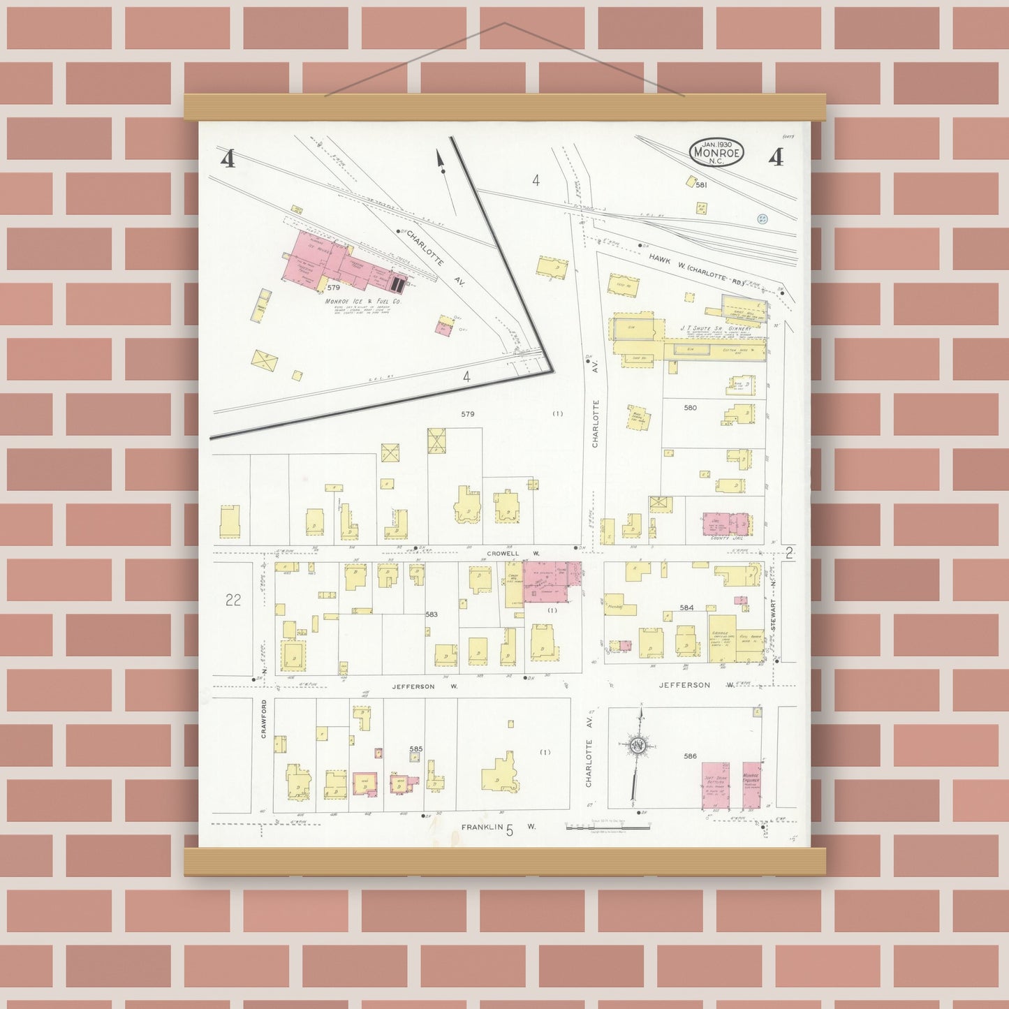 Old map wall art mockup — magnetic wood frame on brick wall — Sanborn Fire Insurance Map from Monroe, Union County, North Carolina (1930), Sheet #0004