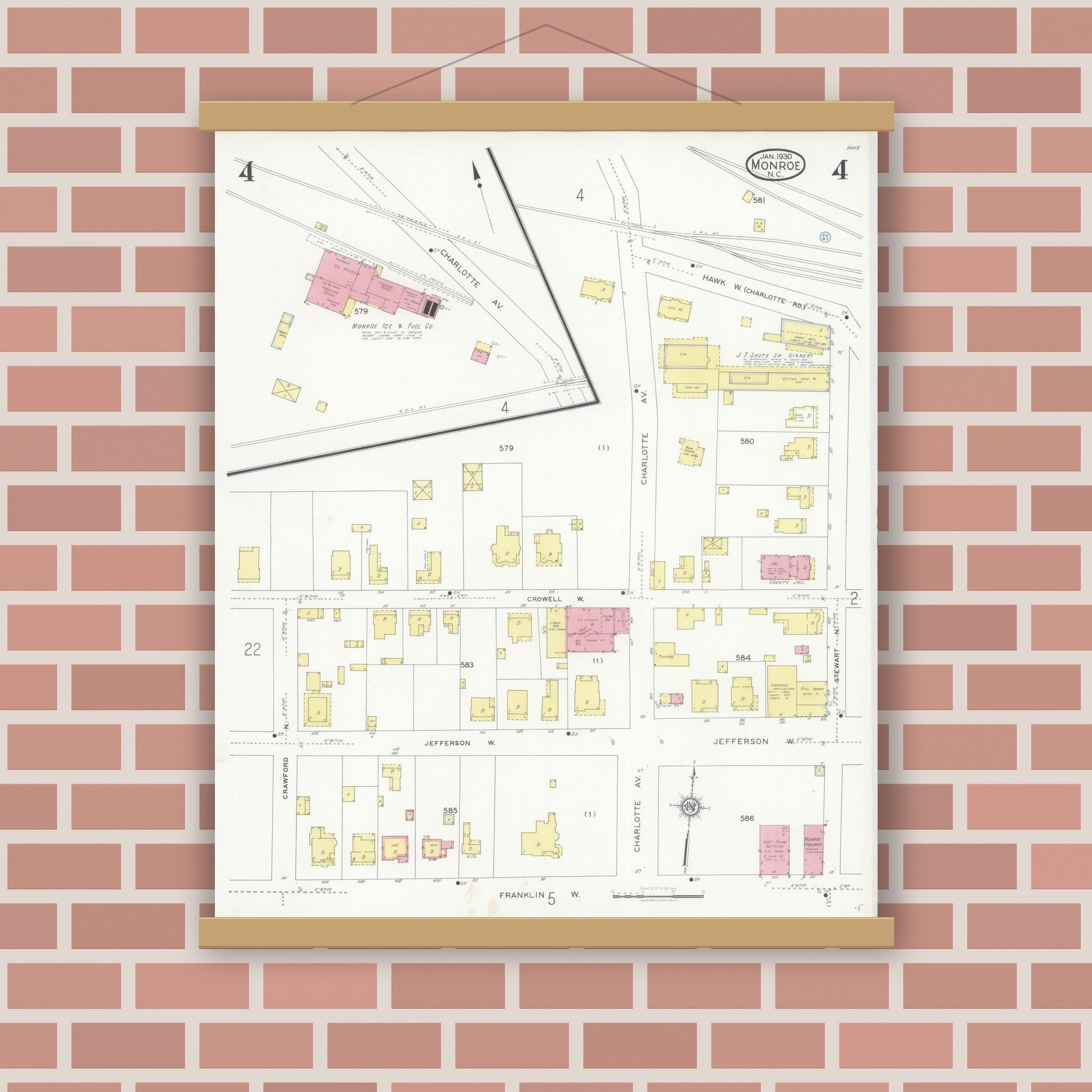 Old map wall art mockup — magnetic wood frame on brick wall — Sanborn Fire Insurance Map from Monroe, Union County, North Carolina (1930), Sheet #0004