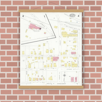 Old map wall art mockup — magnetic wood frame on brick wall — Sanborn Fire Insurance Map from Monroe, Union County, North Carolina (1930), Sheet #0004