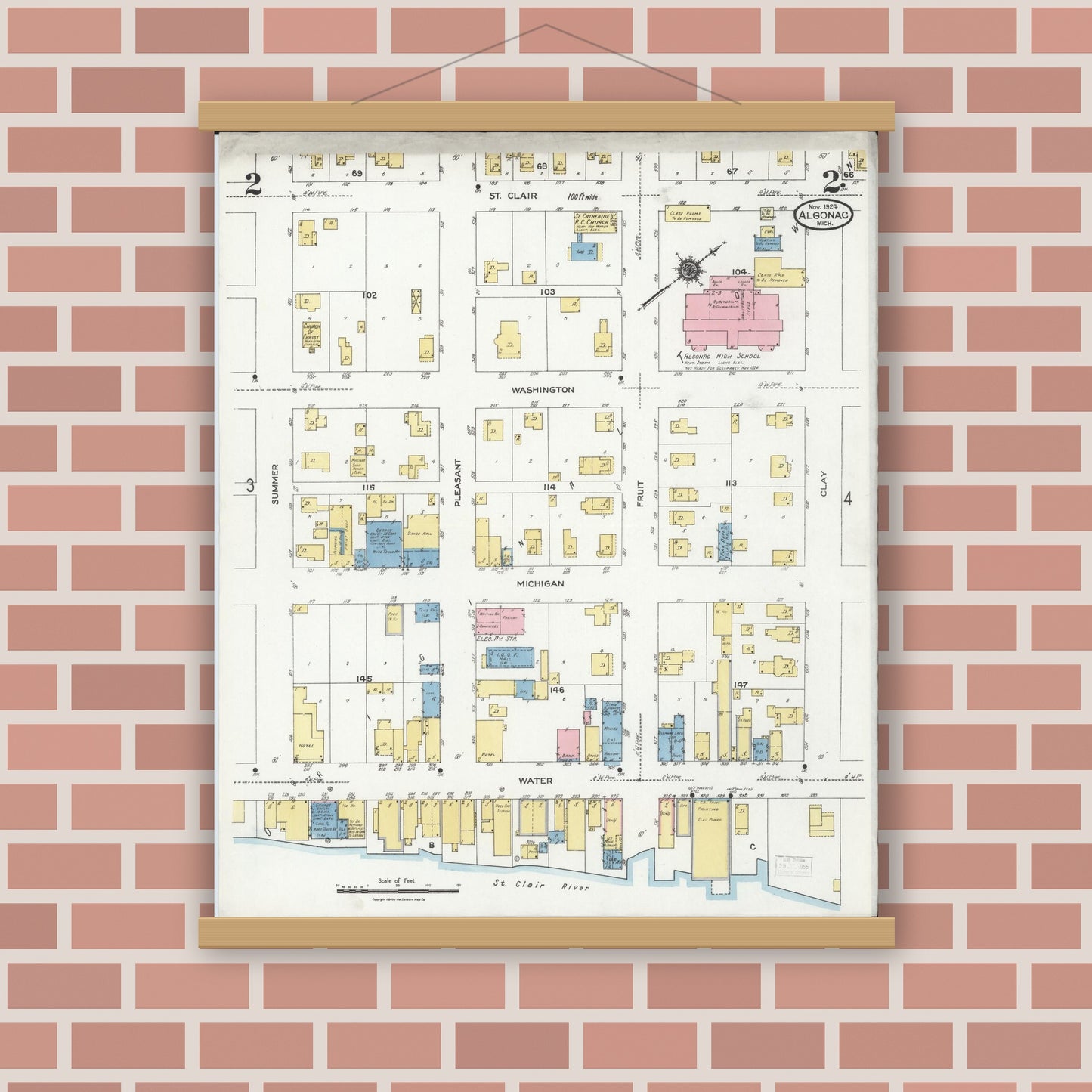 Old map wall art mockup — magnetic wood frame on brick wall — Sanborn Fire Insurance Map from Algonac, Saint Clair County, Michigan (1924), Sheet #0002