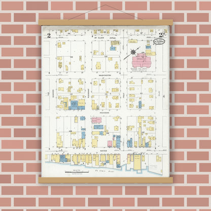 Old map wall art mockup — magnetic wood frame on brick wall — Sanborn Fire Insurance Map from Algonac, Saint Clair County, Michigan (1924), Sheet #0002