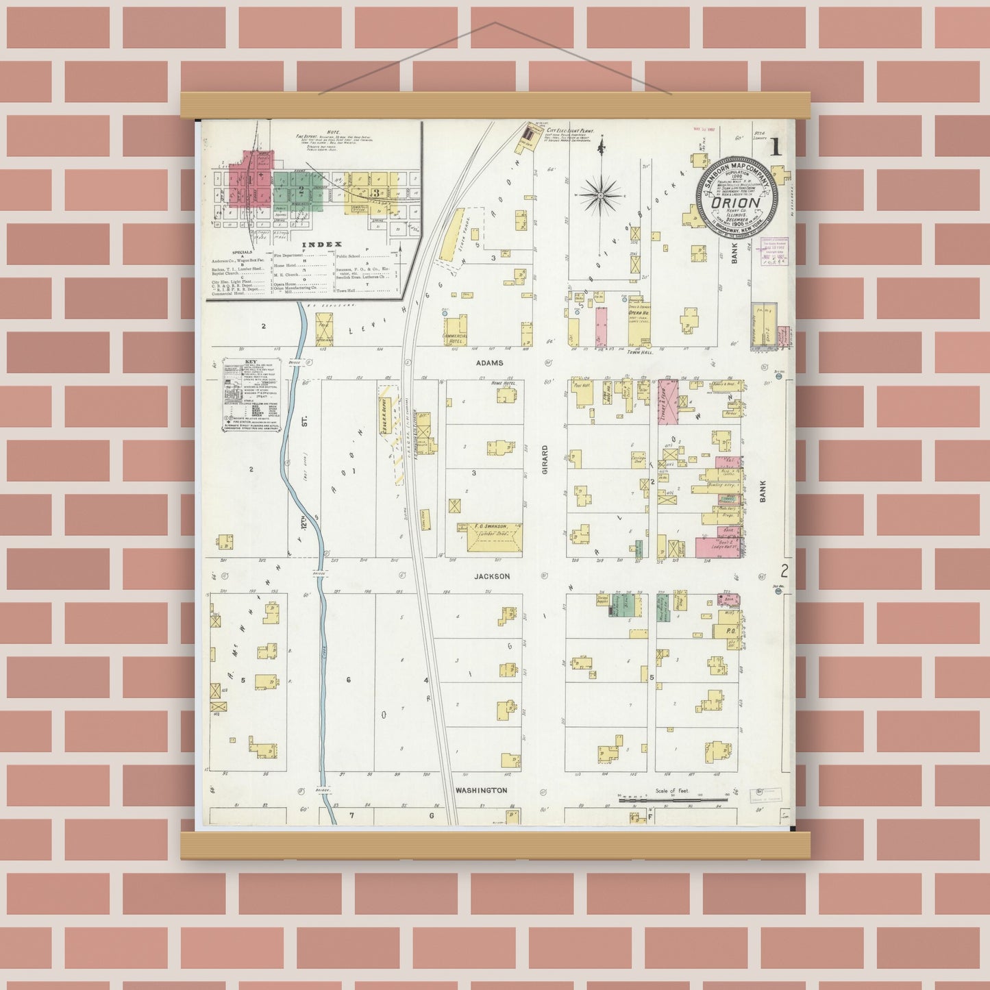 Old map wall art mockup — magnetic wood frame on brick wall — Sanborn Fire Insurance Map from Orion, Henry County, Illinois (1906) - Complete Map Set