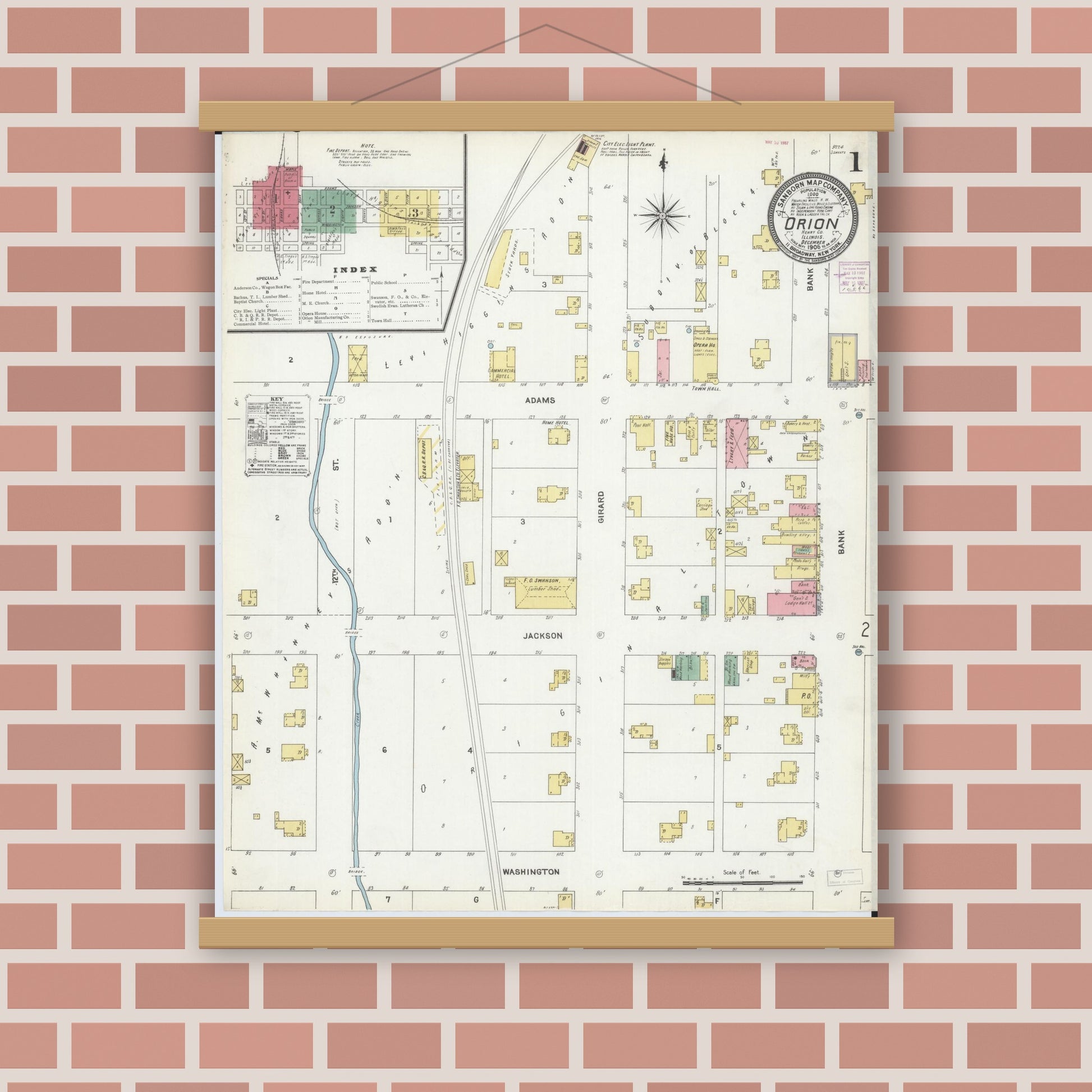 Old map wall art mockup — magnetic wood frame on brick wall — Sanborn Fire Insurance Map from Orion, Henry County, Illinois (1906) - Complete Map Set