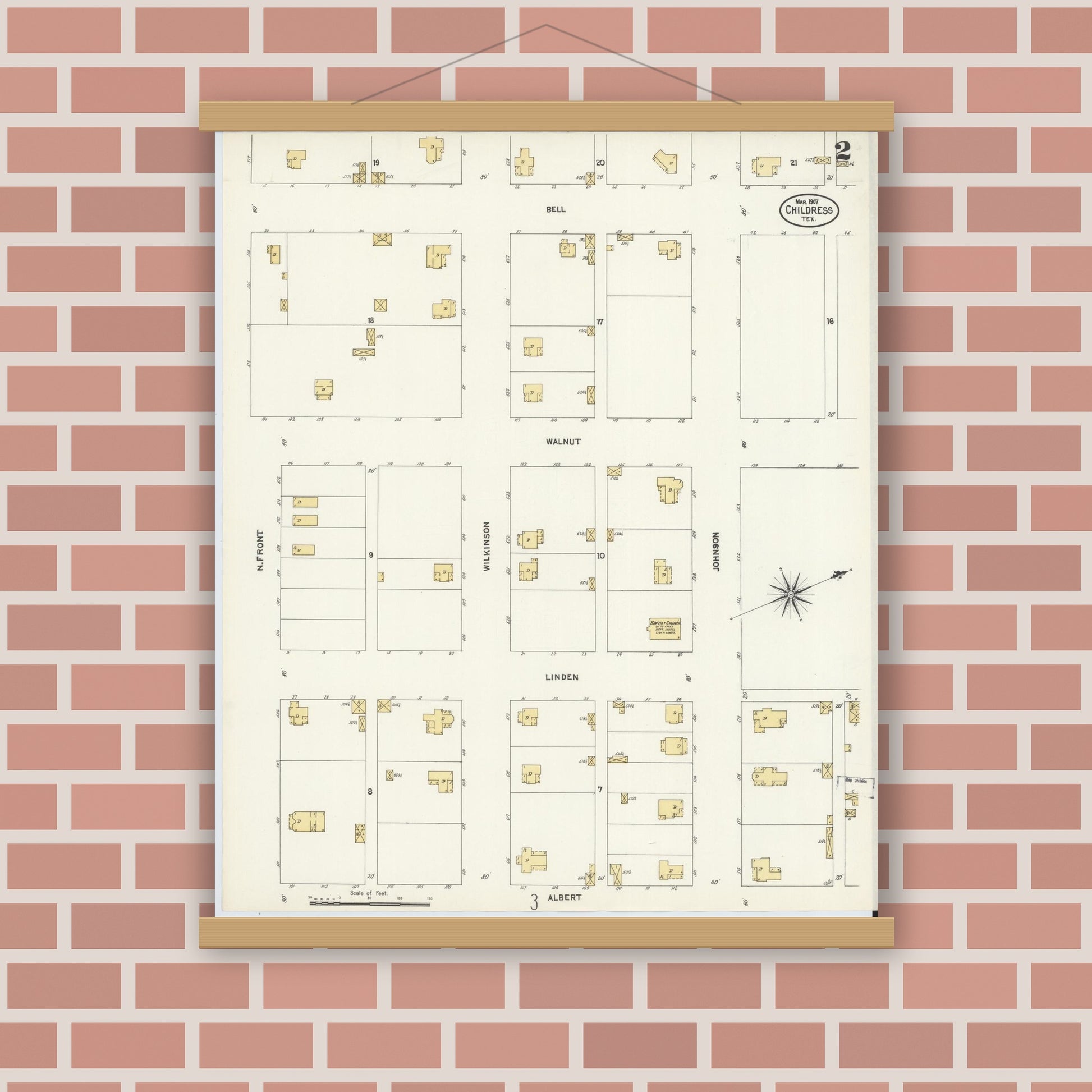 Old map wall art mockup — magnetic wood frame on brick wall — Sanborn Fire Insurance Map from Childress, Childress County, Texas (1907), Sheet #0002