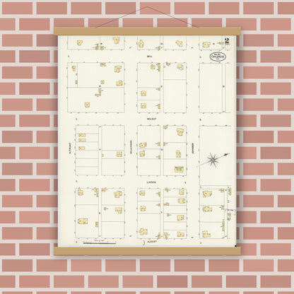 Old map wall art mockup — magnetic wood frame on brick wall — Sanborn Fire Insurance Map from Childress, Childress County, Texas (1907), Sheet #0002