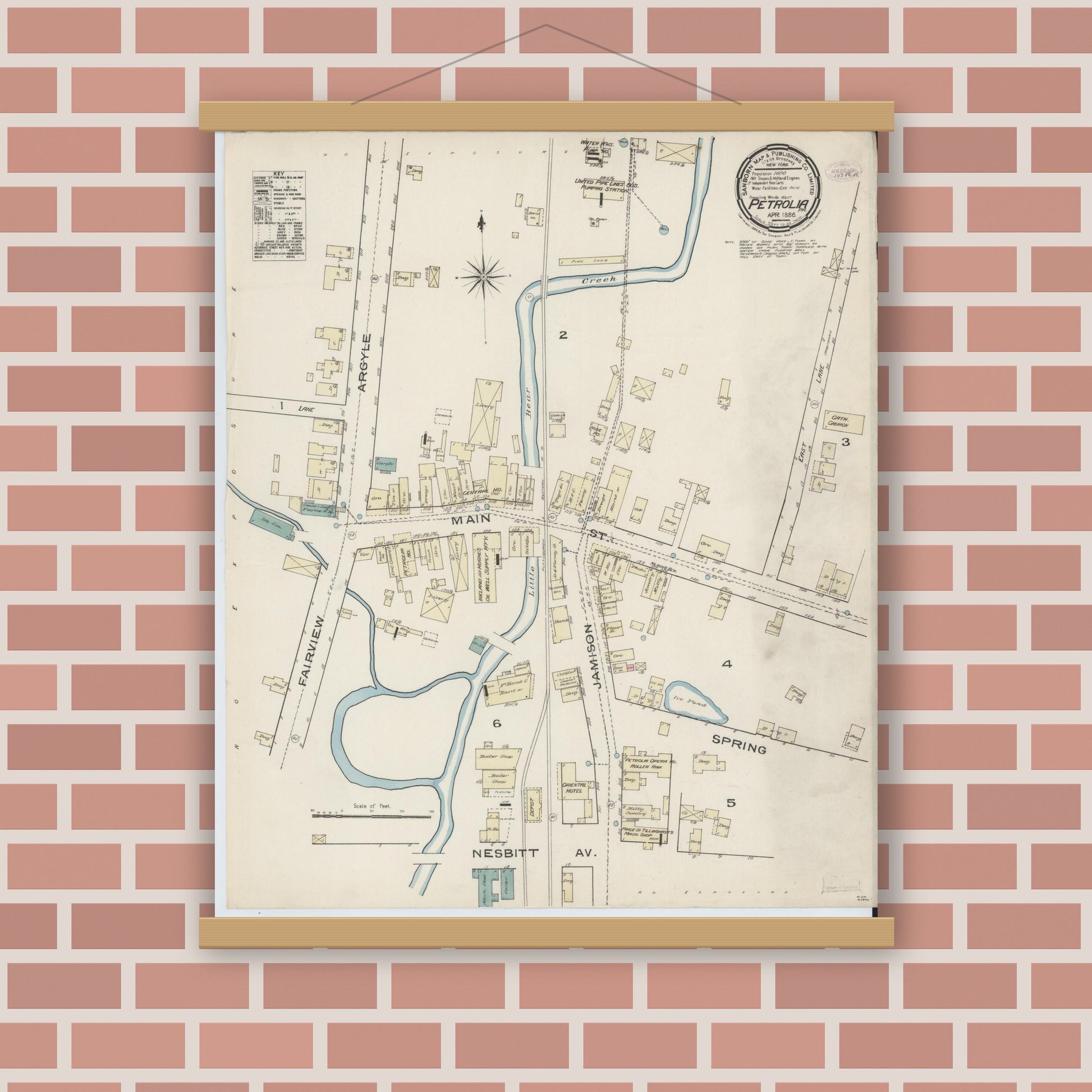 Old map wall art mockup — magnetic wood frame on brick wall — Sanborn Fire Insurance Map from Petrola, Butler County, Pennsylvania (1886), Sheet #0001