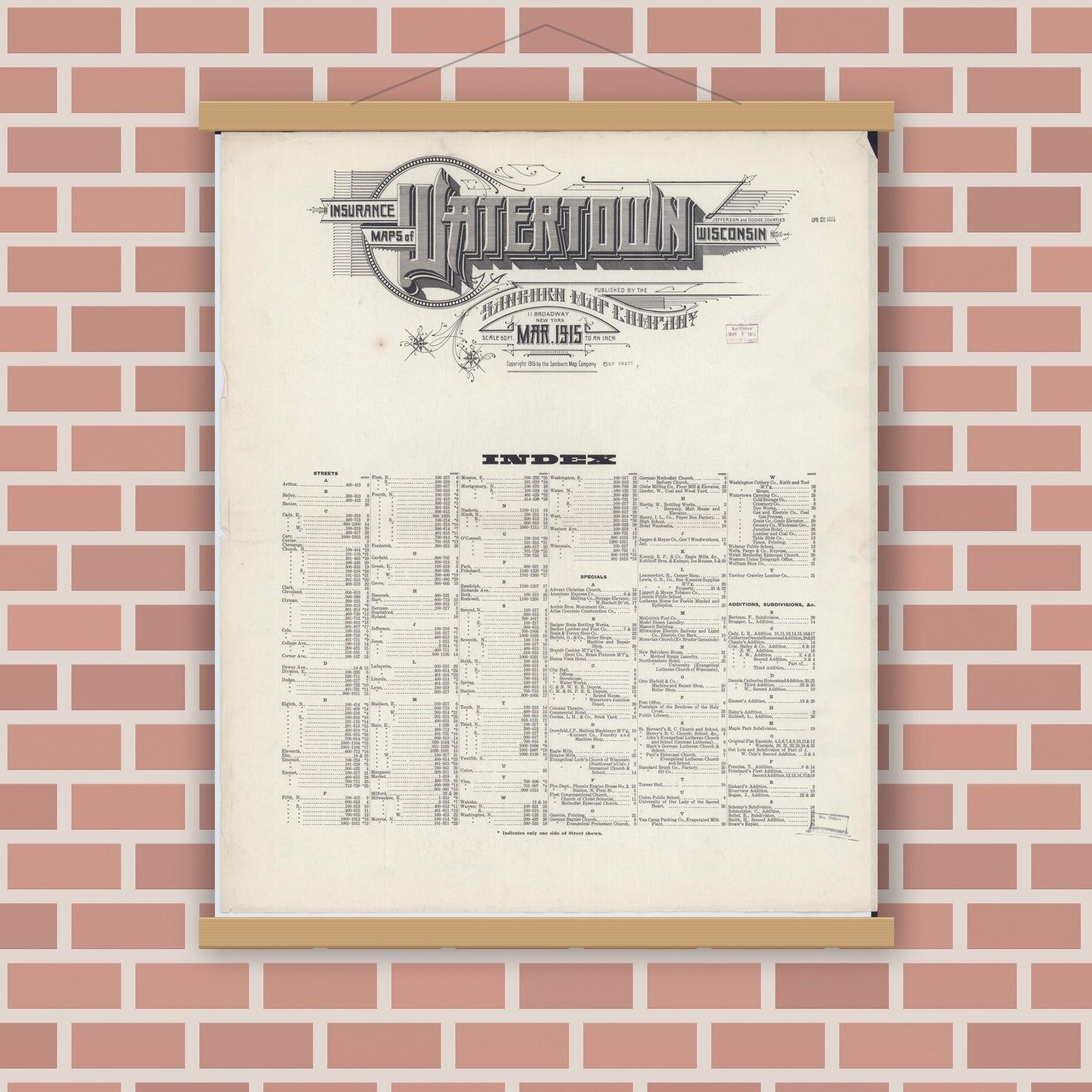 Old map wall art mockup — magnetic wood frame on brick wall — Sanborn Fire Insurance Map from Watertown, Jefferson County, Wisconsin (1915), Sheet #0001