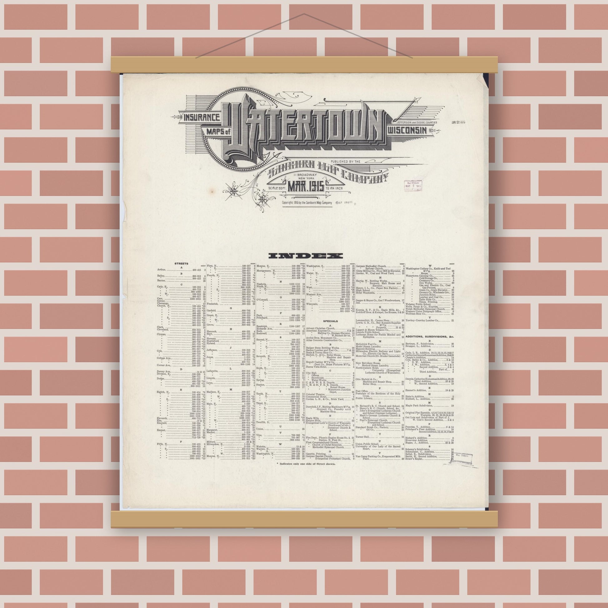 Old map wall art mockup — magnetic wood frame on brick wall — Sanborn Fire Insurance Map from Watertown, Jefferson County, Wisconsin (1915), Sheet #0001