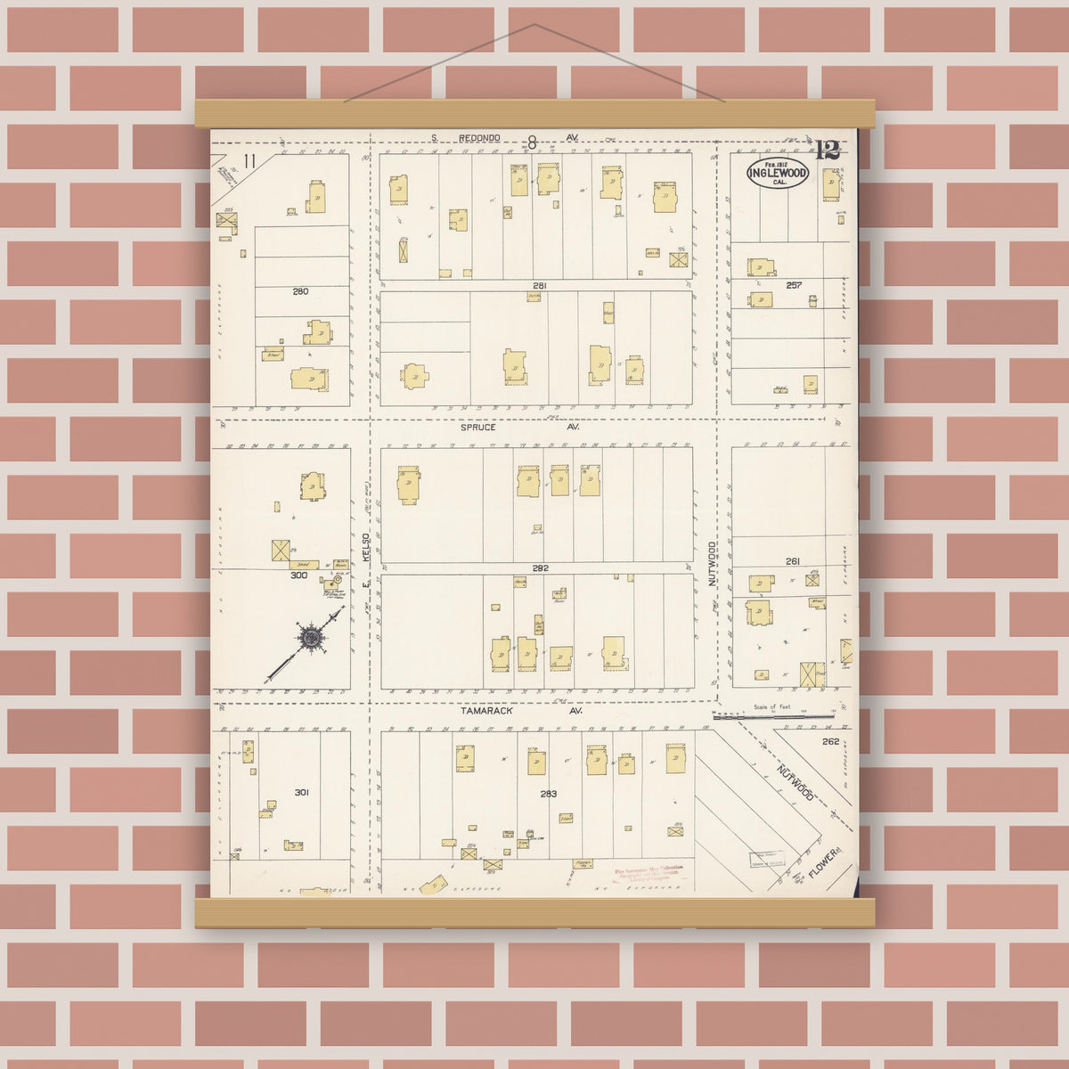Old map wall art mockup — magnetic wood frame on brick wall — Sanborn Fire Insurance Map from Inglewood, Los Angeles County, California (1912), Sheet #0012