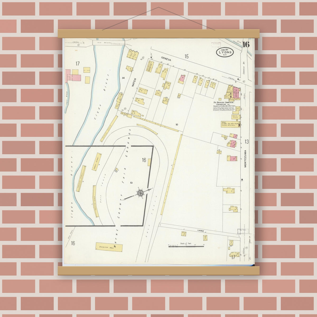 Old map wall art mockup — magnetic wood frame on brick wall — Sanborn Fire Insurance Map from Lyons, Wayne County, New York (1911), Sheet #0016