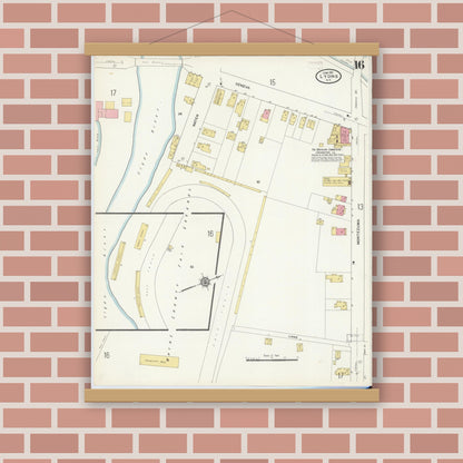 Old map wall art mockup — magnetic wood frame on brick wall — Sanborn Fire Insurance Map from Lyons, Wayne County, New York (1911), Sheet #0016