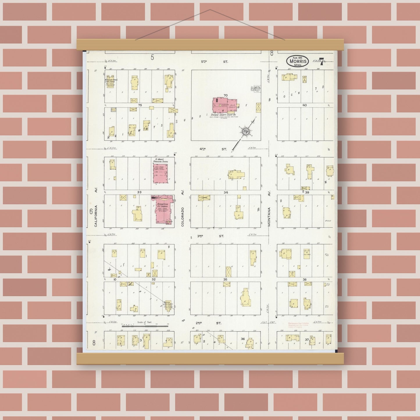 Old map wall art mockup — magnetic wood frame on brick wall — Sanborn Fire Insurance Map from Morris, Stevens County, Minnesota (1915), Sheet #0007
