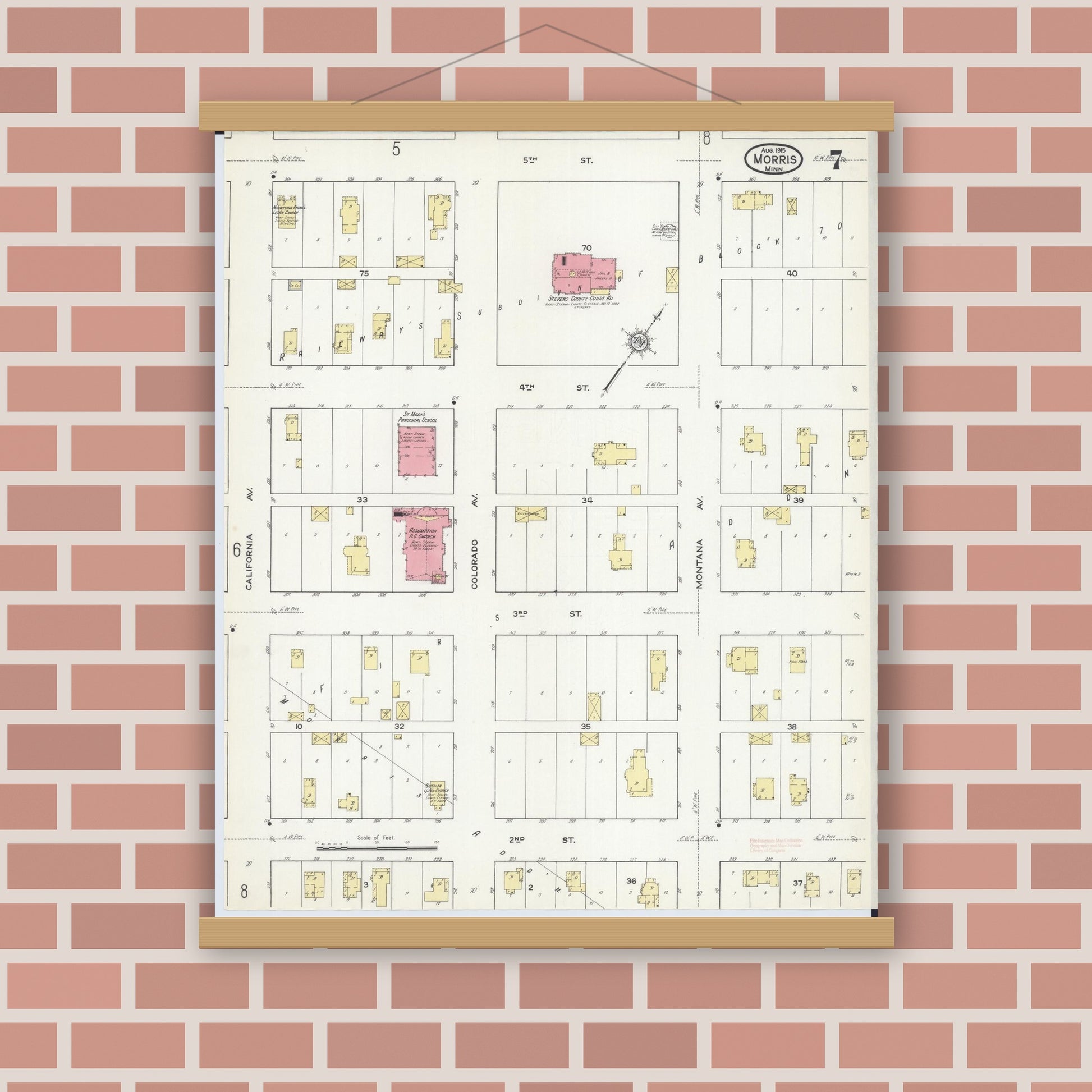 Old map wall art mockup — magnetic wood frame on brick wall — Sanborn Fire Insurance Map from Morris, Stevens County, Minnesota (1915), Sheet #0007