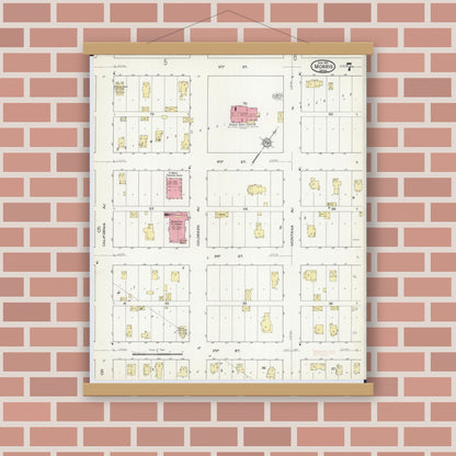 Old map wall art mockup — magnetic wood frame on brick wall — Sanborn Fire Insurance Map from Morris, Stevens County, Minnesota (1915), Sheet #0007