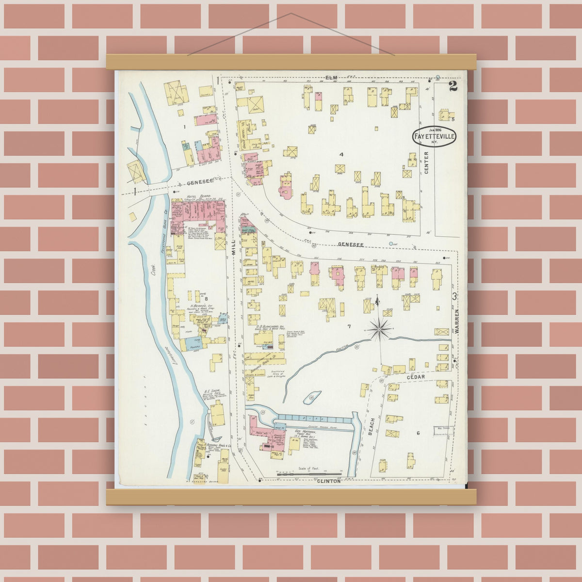 Old map wall art mockup — magnetic wood frame on brick wall — Sanborn Fire Insurance Map from Fayetteville, Onondaga County, New York (1896), Sheet #0002