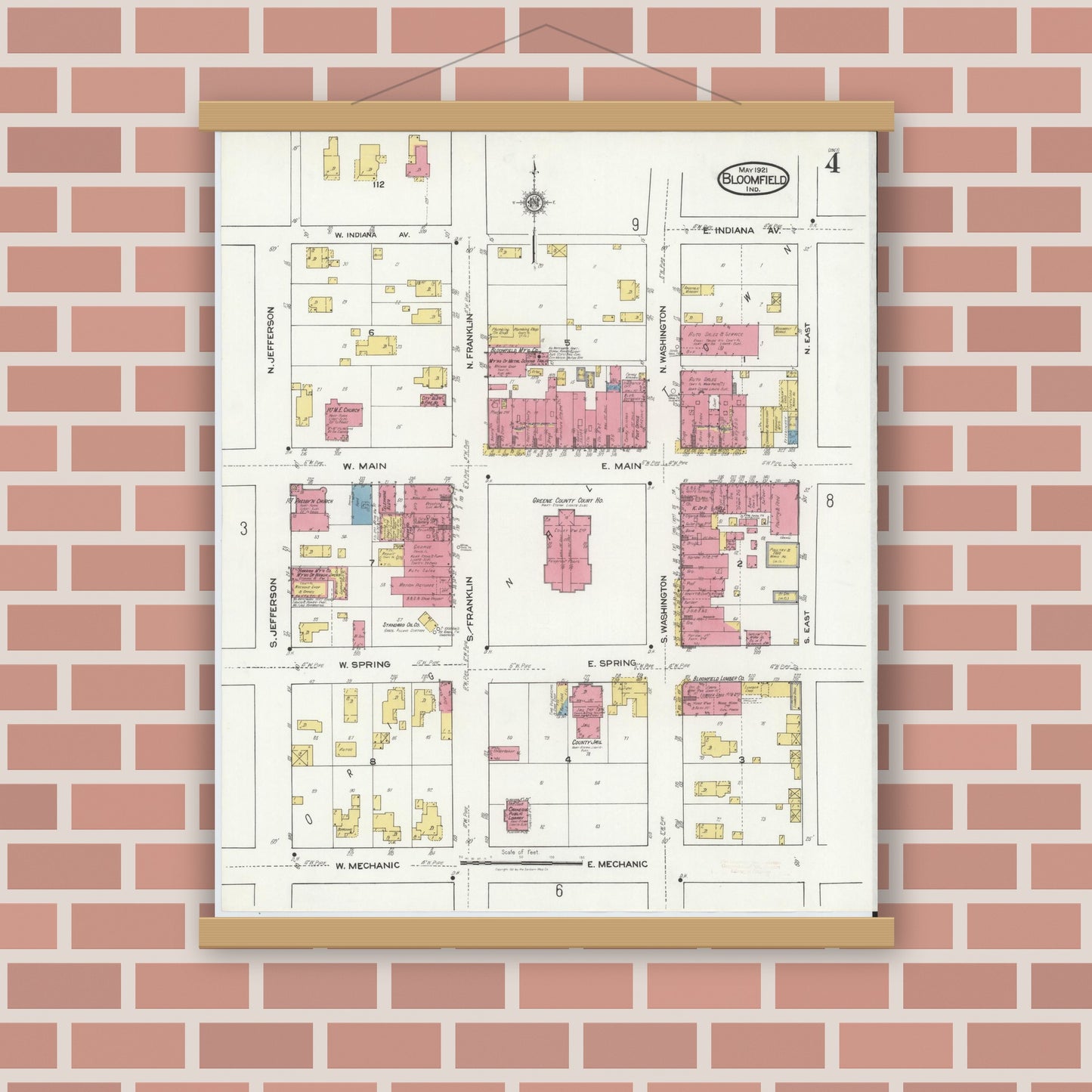Old map wall art mockup — magnetic wood frame on brick wall — Sanborn Fire Insurance Map from Bloomfield, Greene County, Indiana (1921), Sheet #0004