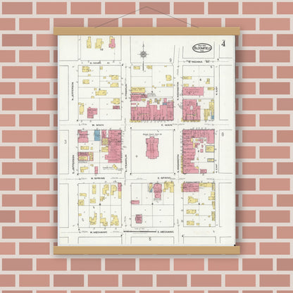 Old map wall art mockup — magnetic wood frame on brick wall — Sanborn Fire Insurance Map from Bloomfield, Greene County, Indiana (1921), Sheet #0004