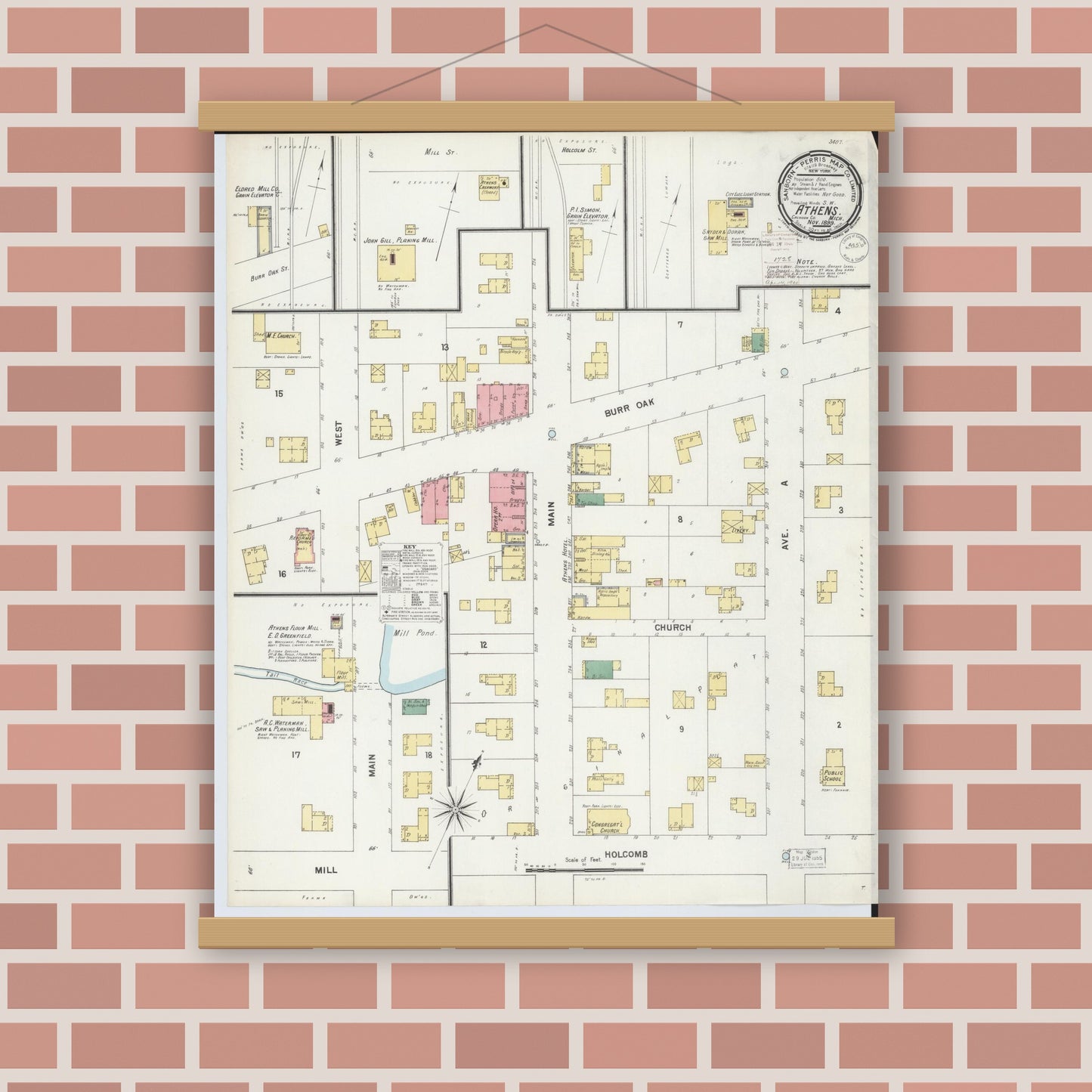 Old map wall art mockup — magnetic wood frame on brick wall — Sanborn Fire Insurance Map from Athens, Calhoun County, Michigan (1899), Sheet #0001